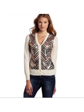 Trina Turk Savoy Ivory Cream Sequin Button-Up Merino Wool sweater Cardigan Sz S